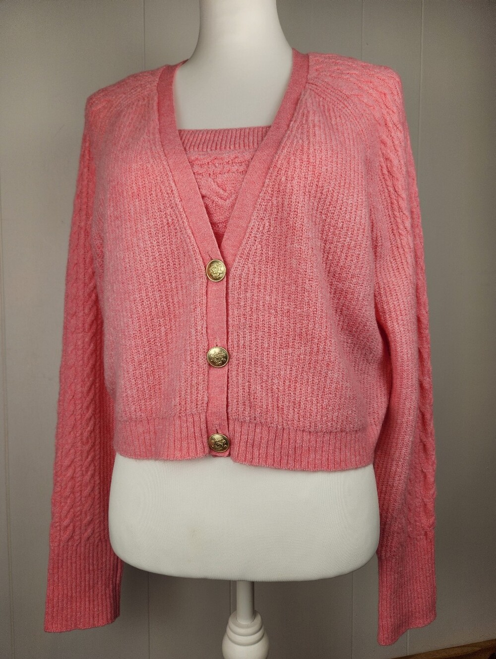 J.CREW Wool Alpaca Blend Sweater Set Cardigan & Tank Pink V-Neck Gold Button M